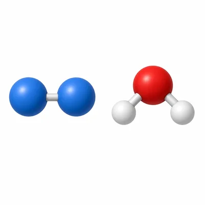 Two identical atoms bonded together beside a molecule made of different atoms.