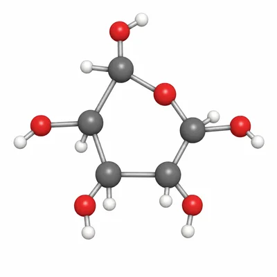 Simplified glucose molecule with many connected atoms shown as colored spheres.