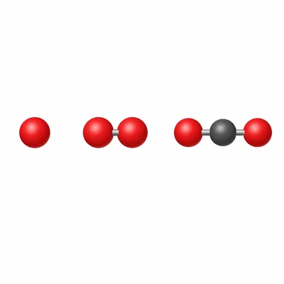 Three particle models: single atom, two identical bonded atoms, and a three-atom molecule.