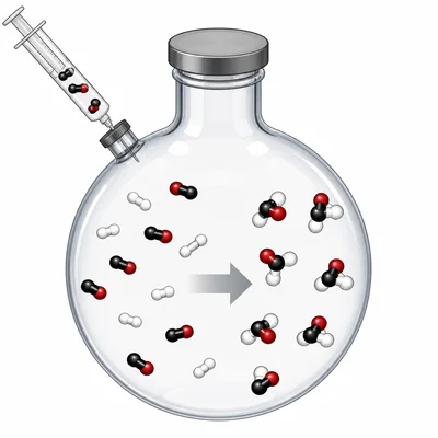 A gas container with added carbon monoxide molecules shifting the reaction toward product formation.
