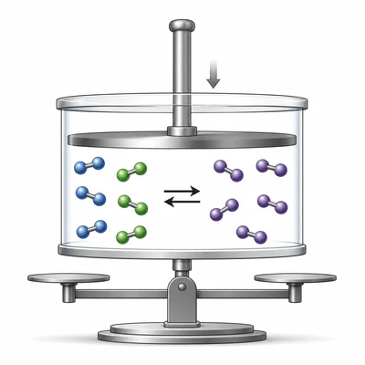 Decreasing volume does not favor either side when gas particle counts are equal.
