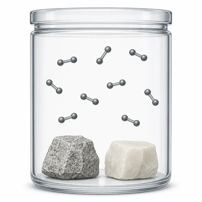 A heterogeneous equilibrium with solid chunks and carbon dioxide gas particles.