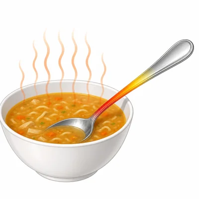 Heat moves from hot soup into a metal spoon.