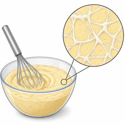 Mixing muffin batter forms a stretchy gluten network.