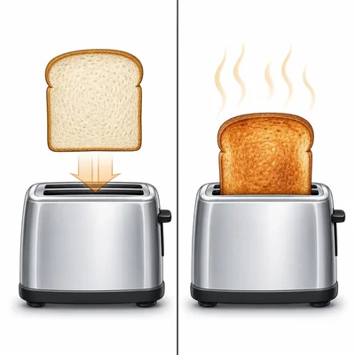 Bread changing into browned toast in a toaster.