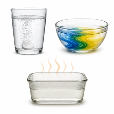 Examples of reaction signs: bubbles, color change, and heat.