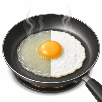Egg white changing from clear liquid to opaque solid while cooking.
