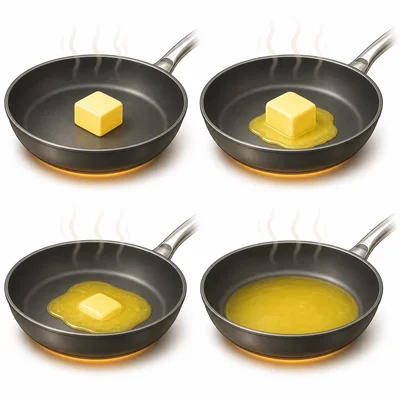 Butter melting from a solid cube into liquid in a pan.