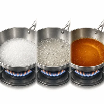 Sugar changes from crystals to melted syrup and then brown caramel.