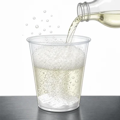 A cup of vinegar and baking soda foaming with bubbles.