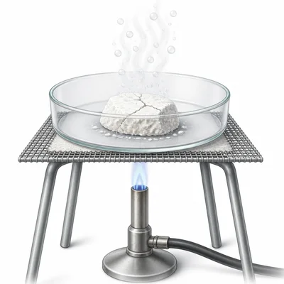 A chalky solid being heated and releasing gas.