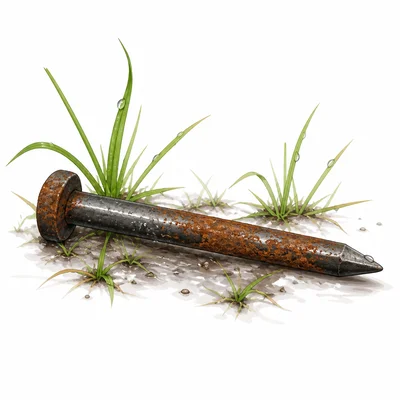 A rusty iron nail with reddish-brown patches.