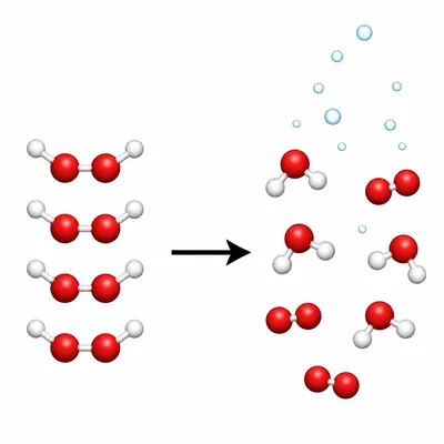 Compound particles breaking apart into smaller molecules and gas.