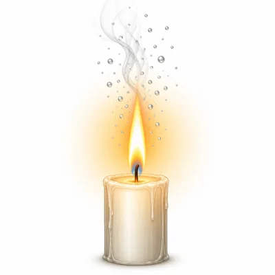 A burning candle giving off heat, light, and vapor.