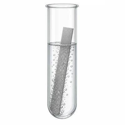 A metal strip in liquid producing rising gas bubbles.