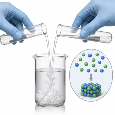 Two solutions form a cloudy white precipitate after mixing.