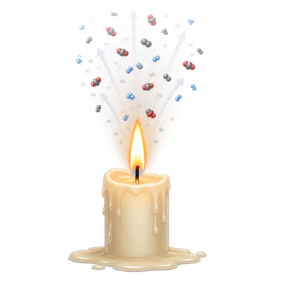 Burning candle with wax changing into gases that rise from the flame.