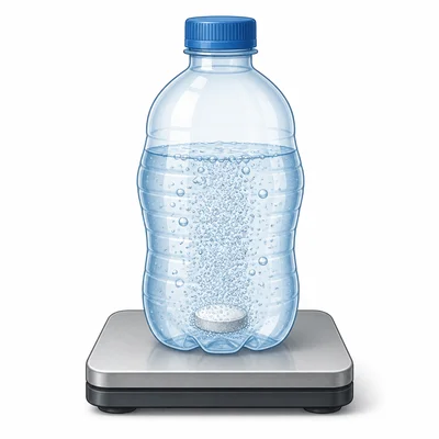 Sealed bottle with bubbling tablet reaction and slightly expanded sides.