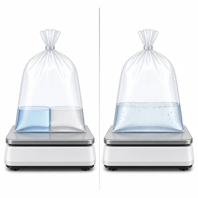 Sealed bag before and after mixing liquids, showing the closed system remains on a level balance.