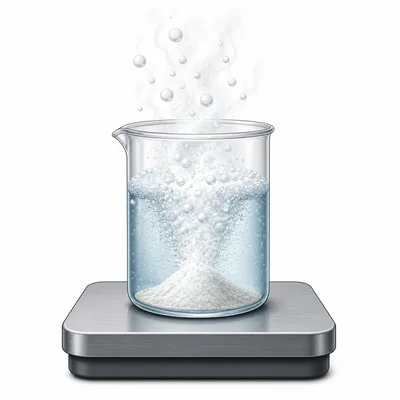 Open beaker reaction on a scale with gas escaping upward.