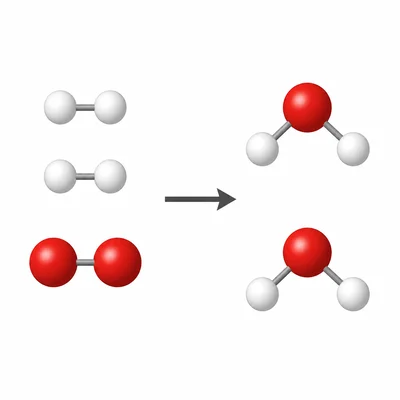 Particle model showing hydrogen and oxygen atoms rearranging into two water molecules.