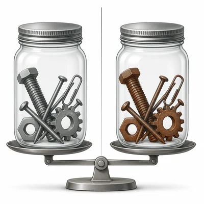 Sealed jar with iron before and after rusting, showing the system stays closed.