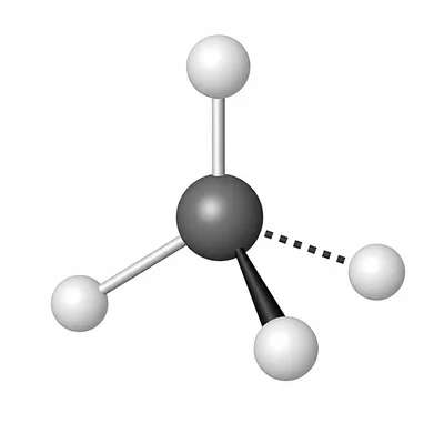 Tetrahedral methane geometry with four atoms bonded around a central carbon atom.