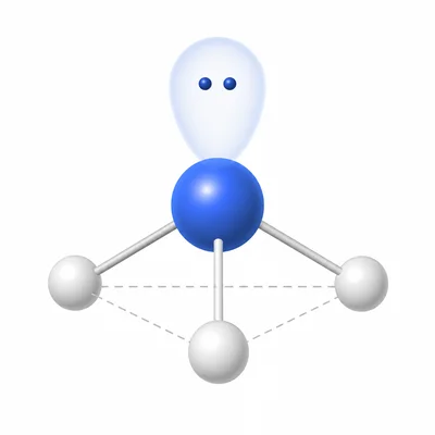 Trigonal pyramidal ammonia geometry with one lone pair above the central atom.