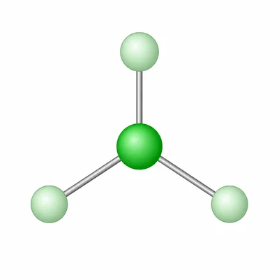 Trigonal planar boron trifluoride geometry with three evenly spaced bonds.