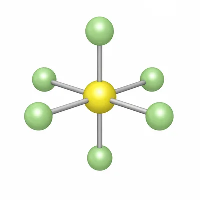 Octahedral molecule with six atoms symmetrically bonded around a central atom.
