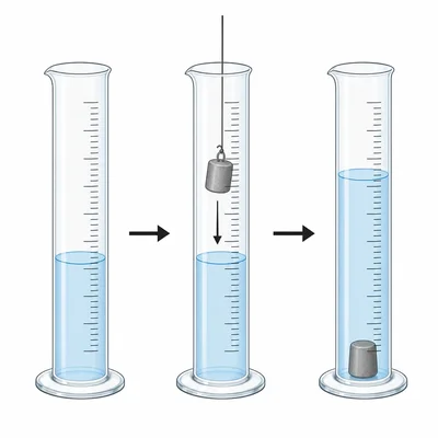 A sequence showing water displacement in a graduated cylinder when an object is added.