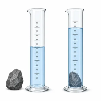 Two graduated cylinders show water before and after a rock is submerged, illustrating water displacement.