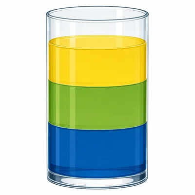 A container with three colored liquid layers stacked by density.
