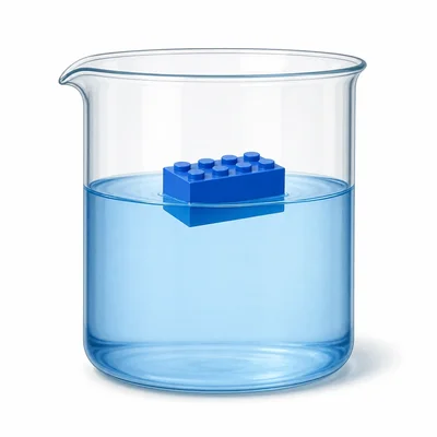 A plastic block floating partially above the surface of water in a beaker.