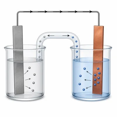 Diagram of a zinc-copper galvanic cell with electrons flowing through a wire from the gray electrode to the copper-colored electrode.