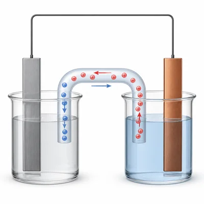 Diagram highlighting a salt bridge allowing ions to move between two half-cells to maintain charge balance.