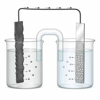 Diagram of an iron-silver galvanic cell showing one electrode dissolving and silver depositing on the other.