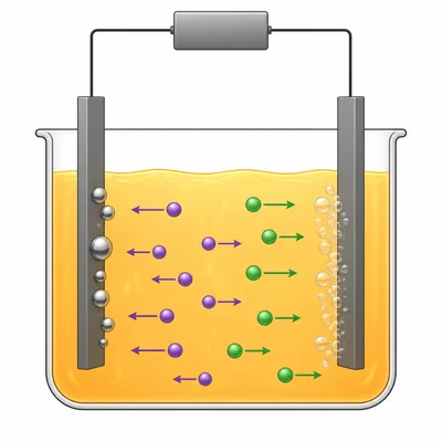 Diagram of molten sodium chloride electrolysis with cations moving to one electrode and anions moving to the other.