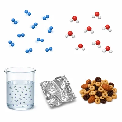 Five examples of matter: gas particles, water molecules, salt water, aluminum foil, and trail mix.