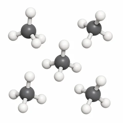 Identical molecules with one central atom bonded to four smaller atoms.