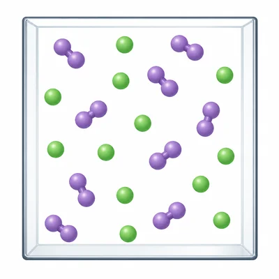 A particle diagram with single green atoms and bonded purple pairs mixed together.