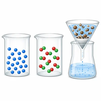 Three unknown samples: one atom type, bonded molecules, and a filterable mixture.