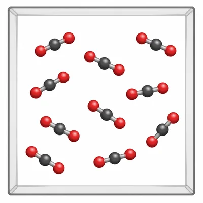 Identical carbon dioxide molecules shown as bonded particles in a container.