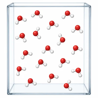 A particle diagram showing identical molecules made of one red atom bonded to two white atoms.