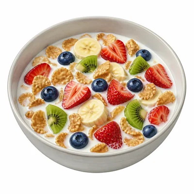 A bowl of cereal with milk and fruit pieces mixed together.