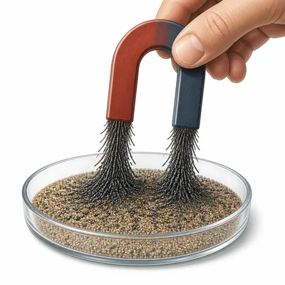 A magnet pulling iron filings out of a sand mixture.