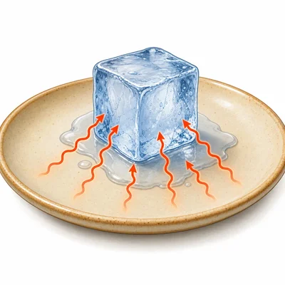 Ice cube melting on a warm plate with heat arrows moving into the ice.
