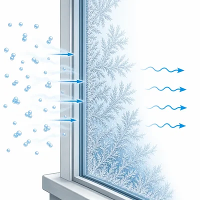 Water vapor turning directly into frost on a cold window and releasing energy.