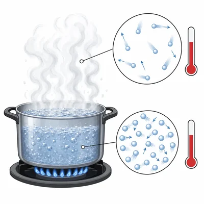 Boiling water and steam with particle insets showing both are high-energy states.