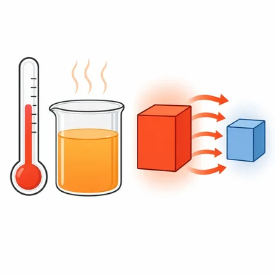 Thermometer and heat arrows showing temperature and heat transfer.